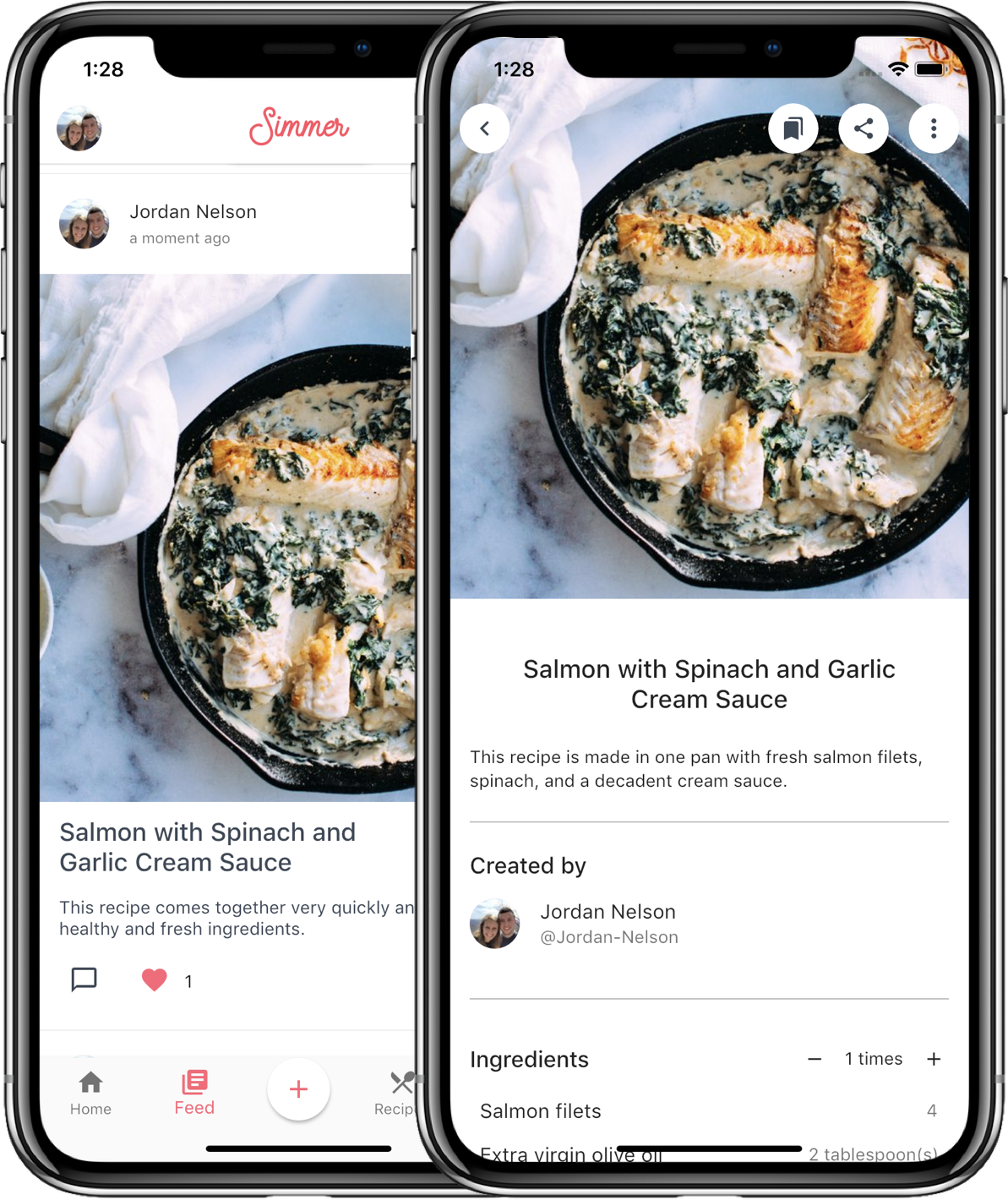 Screenshot of the social news feed and a recipe view